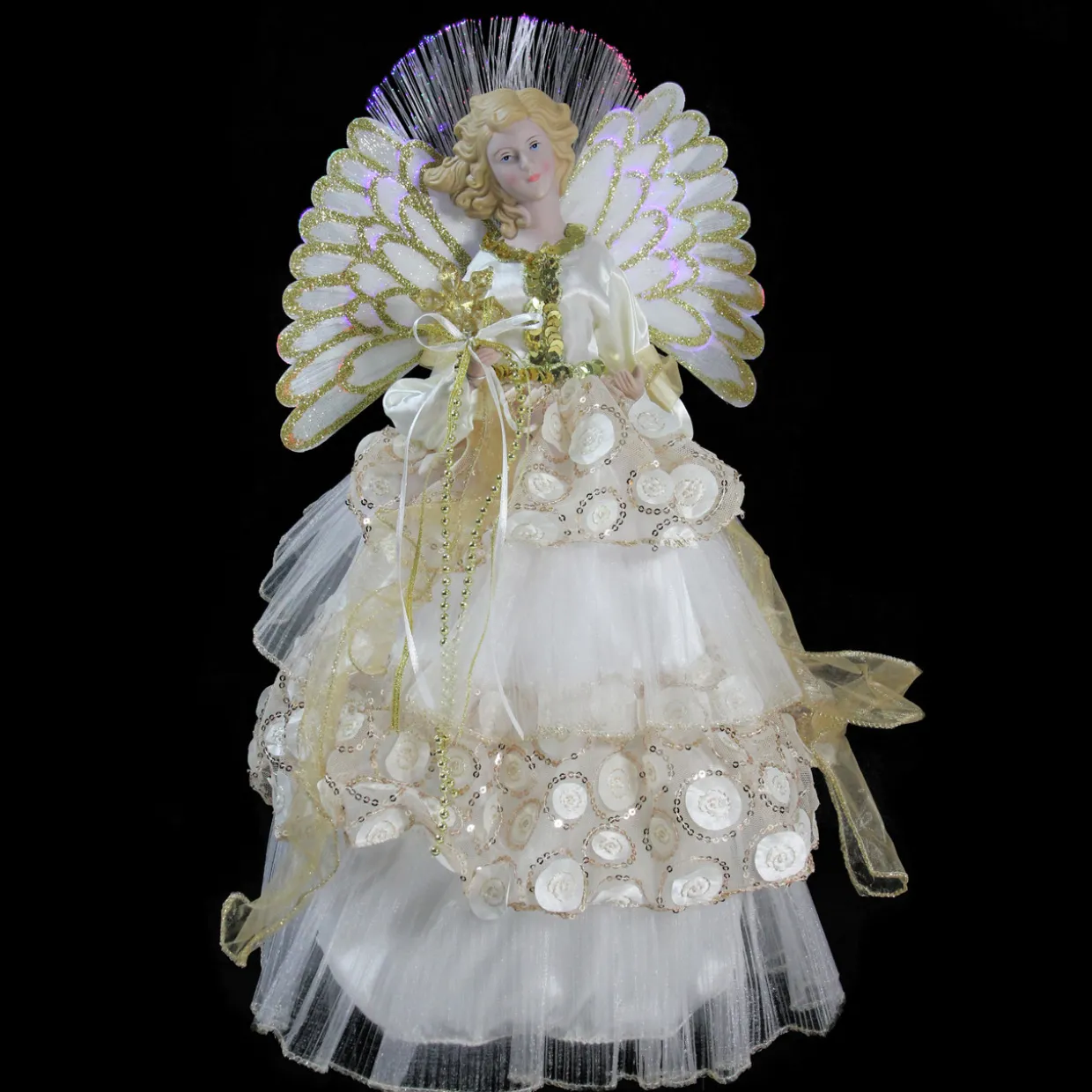 16" White and Gold Lighted Angel Sequined Gown Christmas Tree Topper