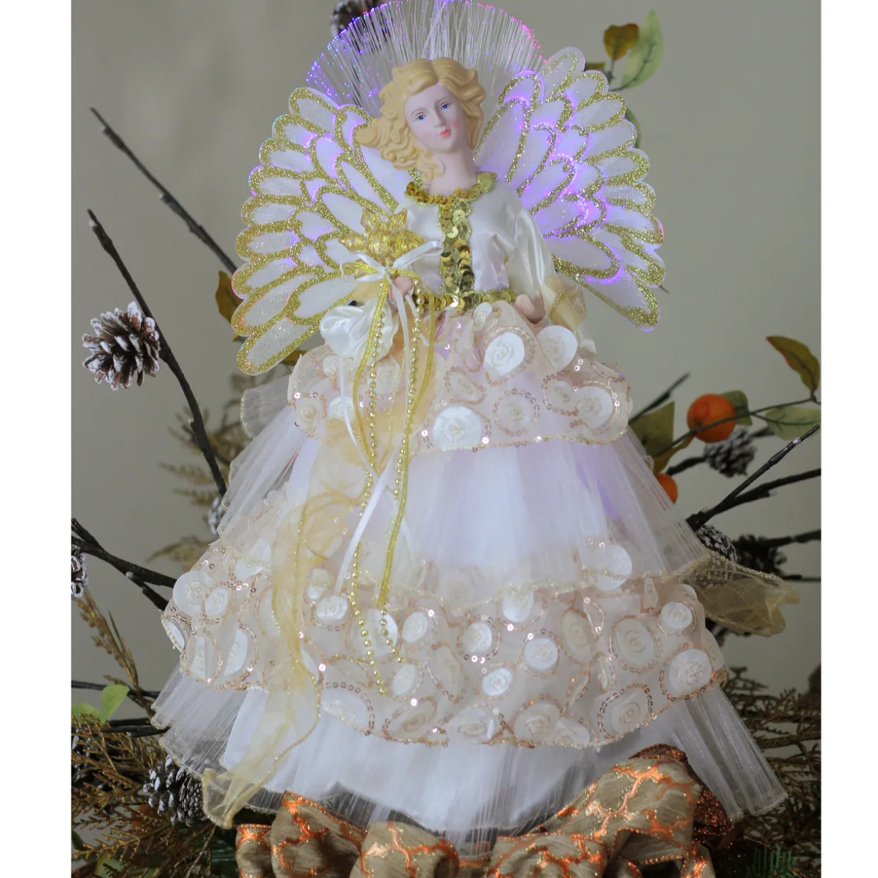 16" White and Gold Lighted Angel Sequined Gown Christmas Tree Topper