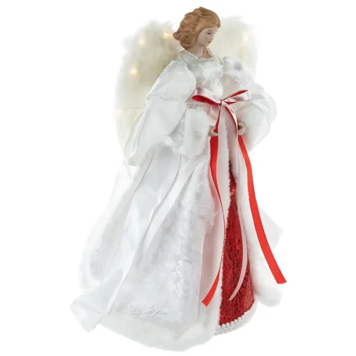 14" White and Red Angel with Lighted Wings Christmas Tree Topper