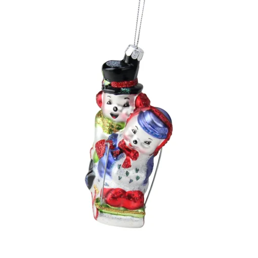 4.5" White and Red Cheerful Sledding Snowmen Couple Glass Christmas Ornament