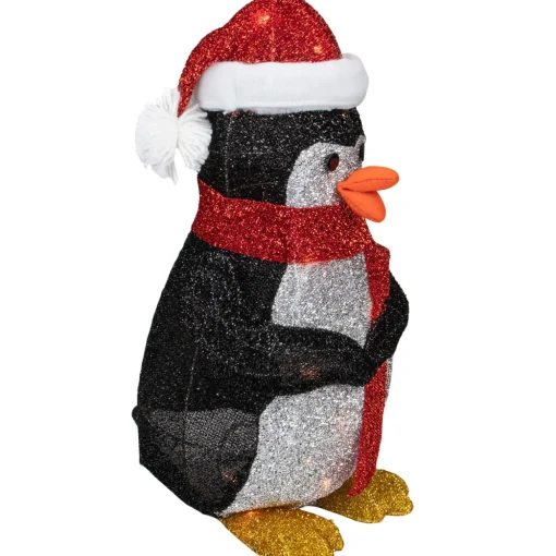 19.5" White and Red Lighted Penguin with Santa Hat Outdoor Christmas Decoration