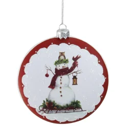 4" White and Red Snowman on Sled Christmas Ornament
