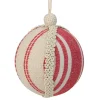 4.75" White and Red Striped Ball Christmas Ornament with Rope Accent