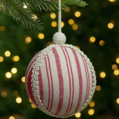 4.75" White and Red Striped Ball Christmas Ornament with Rope Accent