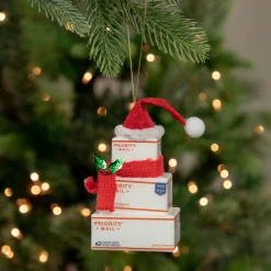 4.5" White and Red "USPS Priority Mail" Stacked Packages Santa Hat Christmas Ornament