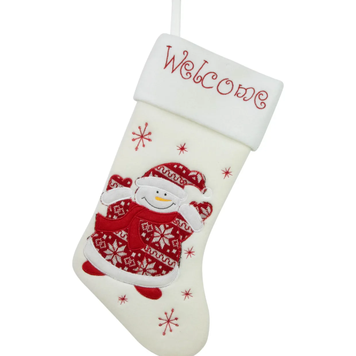 17" White and Red "Welcome" Snowman Embroidered Christmas Stocking