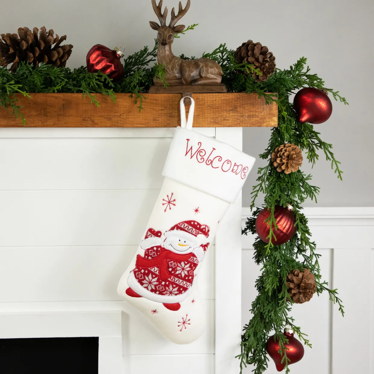 17" White and Red "Welcome" Snowman Embroidered Christmas Stocking