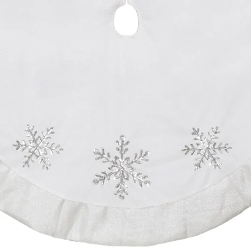 48" White and Silver Embroidered Sequin Snowflakes Tree Skirt