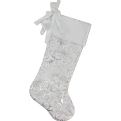 19” White and Silver Filigree Christmas Stocking with Bows