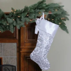 19” White and Silver Filigree Christmas Stocking with Bows