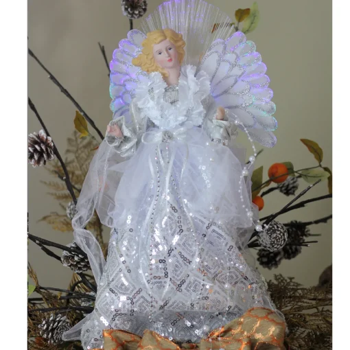16" White and Silver Lighted Angel Sequined Gown Christmas Tree Topper