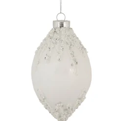 5" White Beaded and Silver Sequins Christmas Glass Finial Ornament