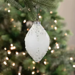 5" White Beaded and Silver Sequins Christmas Glass Finial Ornament