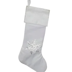 20" White Christmas Stocking with Silver Sequin Snowflake