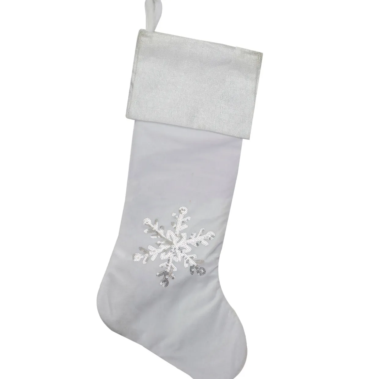 20" White Christmas Stocking with Silver Sequin Snowflake