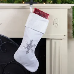 20" White Christmas Stocking with Silver Sequin Snowflake