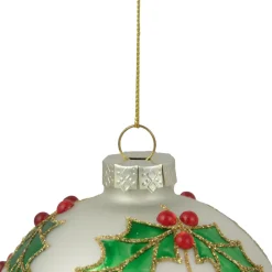 4.5" White Glass Christmas Ball Ornament with Holly Leaves