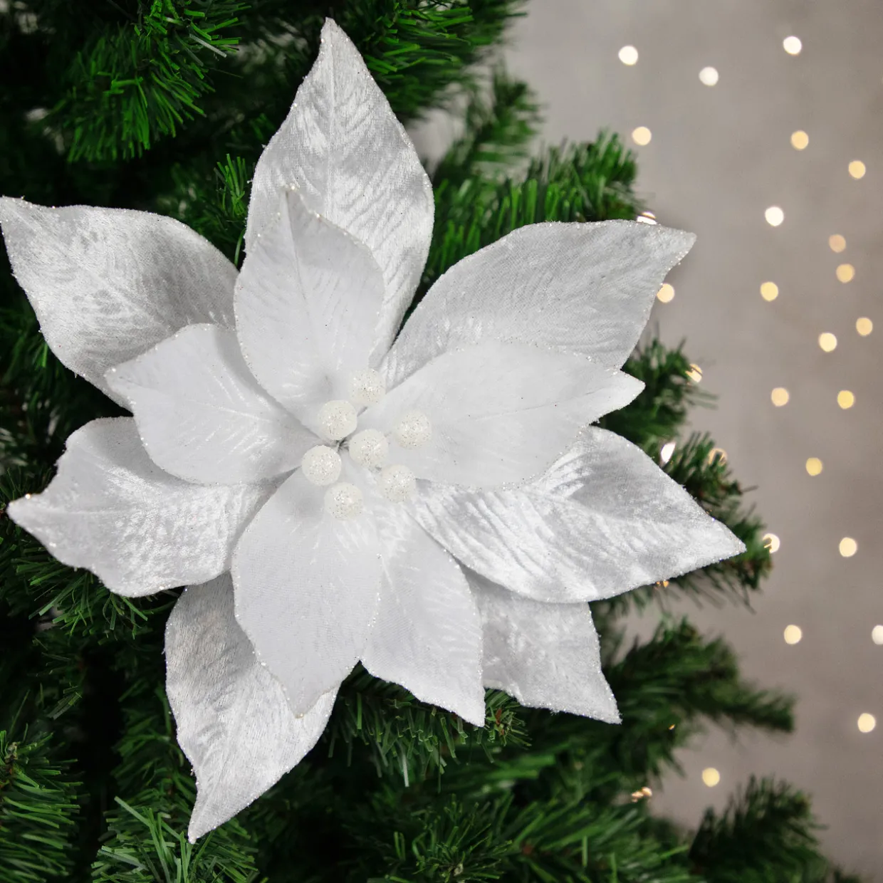 24" White Glittered Poinsettia Christmas Stem Spray