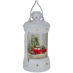 9" White Lantern Christmas Snow Globe with Red Truck and Trees