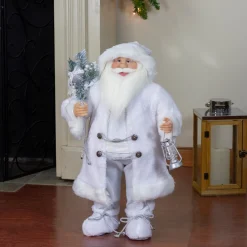 24" White Silver Santa Claus with Lantern Christmas Figure