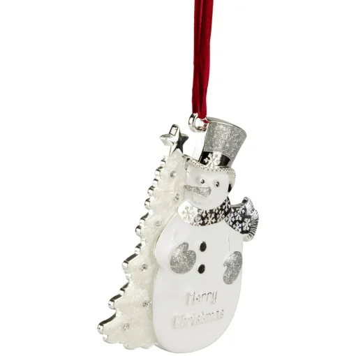 3.5" White Silver-Plated Snowman Merry Christmas Ornament with European Crystals