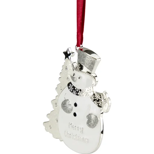 3.5" White Silver-Plated Snowman Merry Christmas Ornament with European Crystals