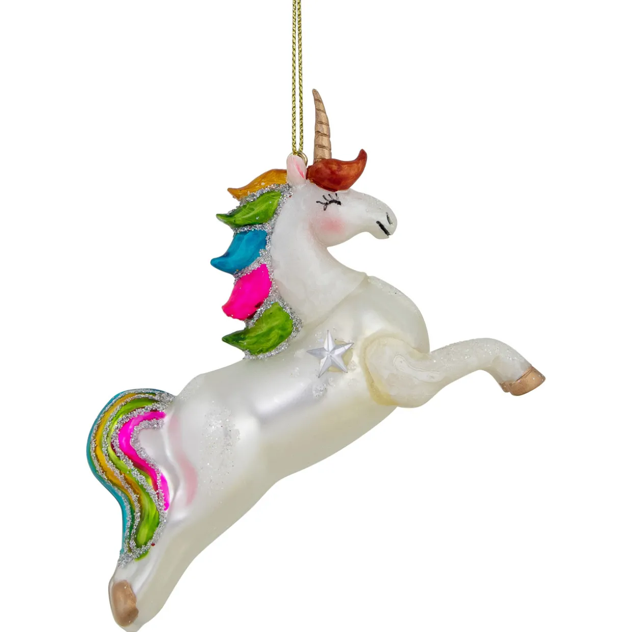 4.5" White Unicorn with Rainbow Mane Glittered Christmas Glass Ornament