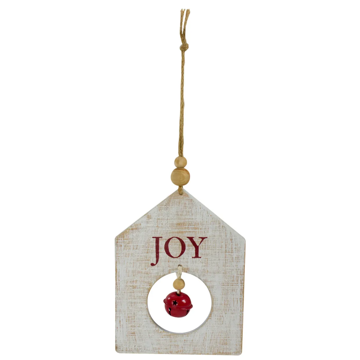 8" White Wooden "JOY" With Red Bell Christmas Ornament