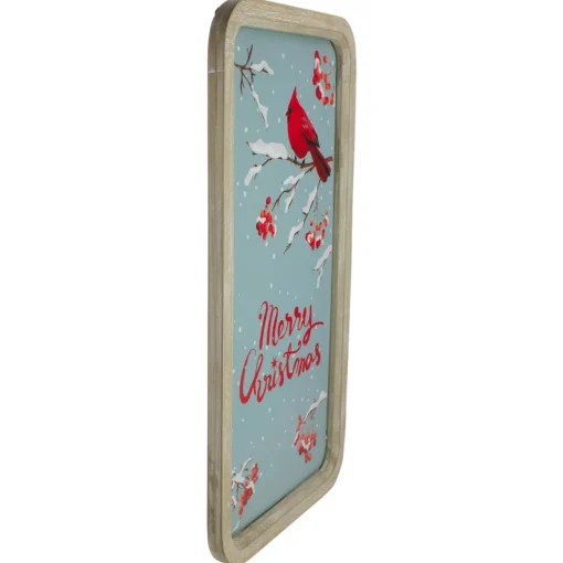 25.5" Wood Framed Blue and Red Merry Christmas Wall Decor with Red Cardinal