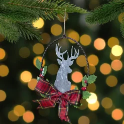 5.5" Wreath and Galvanized Moose Christmas Ornament with Plaid Bow