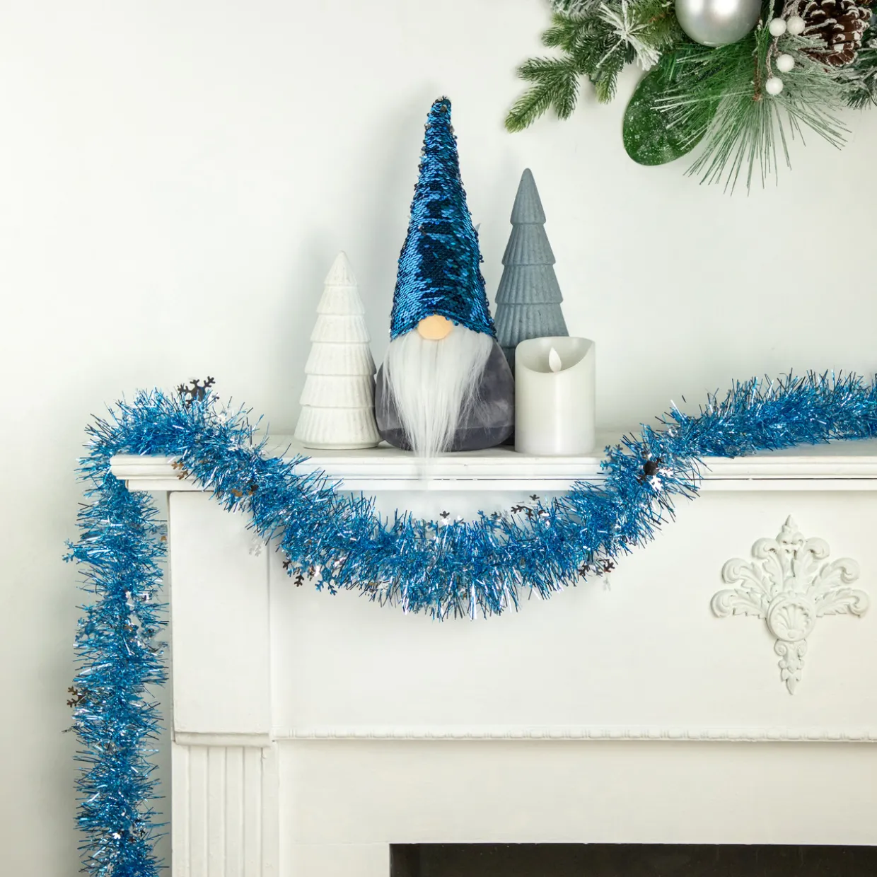 12' x 3" Sky Blue and Silver Snowflakes Christmas Tinsel Garland - Unlit