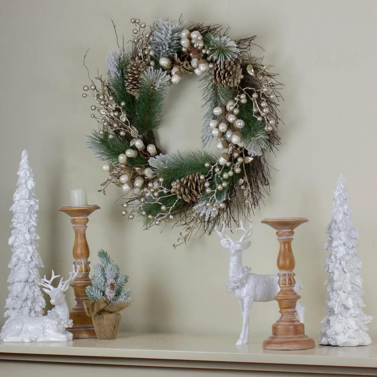 Acorn and Pine Cone Flocked Pine Needle Artificial Christmas Wreath - 22" - Unlit