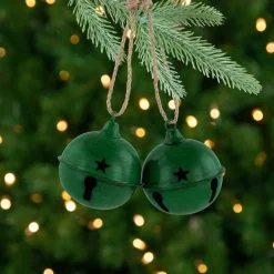Antiqued Christmas Jingle Bells Ornaments - 3" - Green - Set of 2