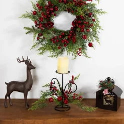 Apples and Berries Christmas Pillar Candle Holder - 10" - Green and Red