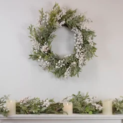 Artificial Christmas Wreath with Frosted Foliage and Berries, 20-Inch, Unlit