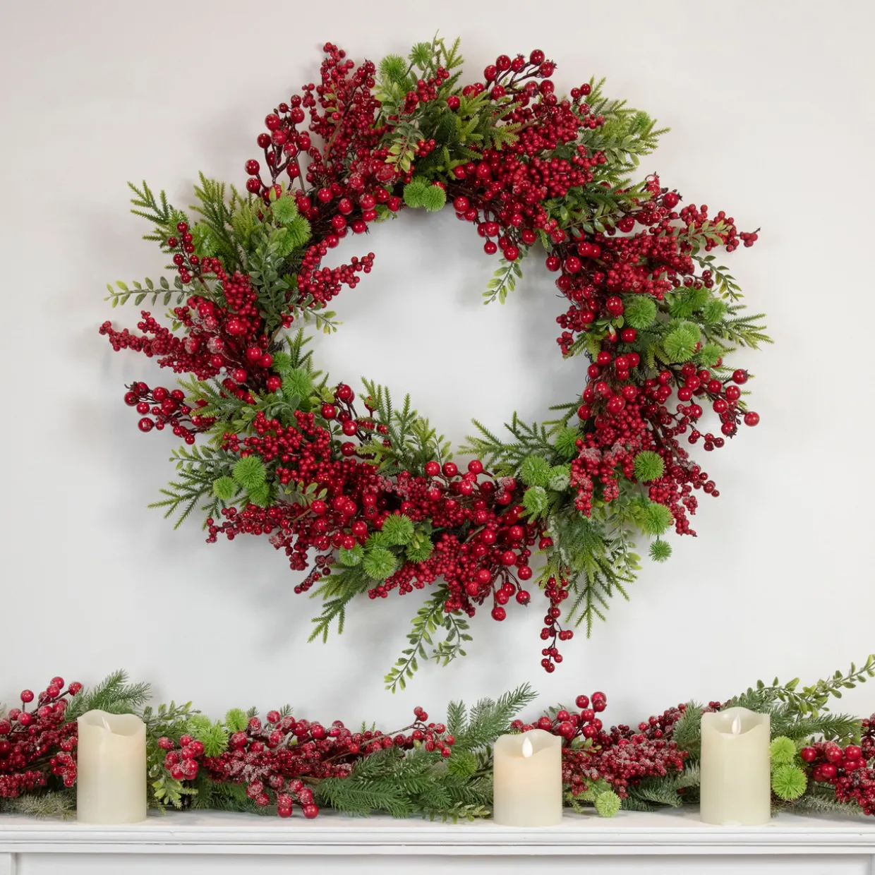 Artificial Frosted Red Berry and Pine Christmas Wreath, 28-Inch, Unlit