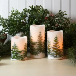 Battery Operated LED Wax Candles, Green Pines - Set of 3