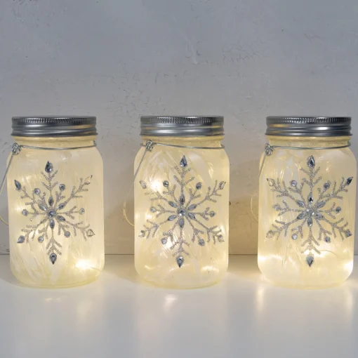 Battery Operated Silver Snowflake Glass Mason Jars - Set of 3