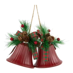 Bells with Pine Sprigs and Bow Christmas Ornaments- 7" - Red - Set of 2