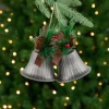 Bells with Pine Sprigs and Plaid Bow Christmas Ornaments - 7" - Silver - Set of 2