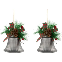Bells with Pine Sprigs and Plaid Bow Christmas Ornaments - 7