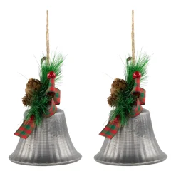 Bells with Pine Sprigs and Plaid Bow Christmas Ornaments - 7