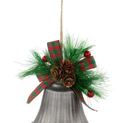 Bells with Pine Sprigs and Plaid Bow Christmas Ornaments - 7