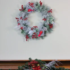 Berries and Cardinals Nests Flocked Pine Artificial Christmas Wreath - 24