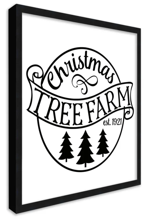 Black and White Christmas Tree Farm 15.5" x 15.5" Framed Christmas Wall Decor Sign Poster in a Black Wooden Frame with UV Acrylic and Hangers