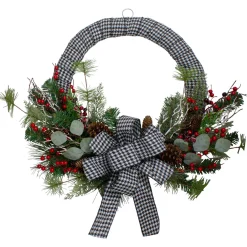 Black and White Houndstooth and Berry Artificial Christmas Wreath - 24-Inch, Unlit