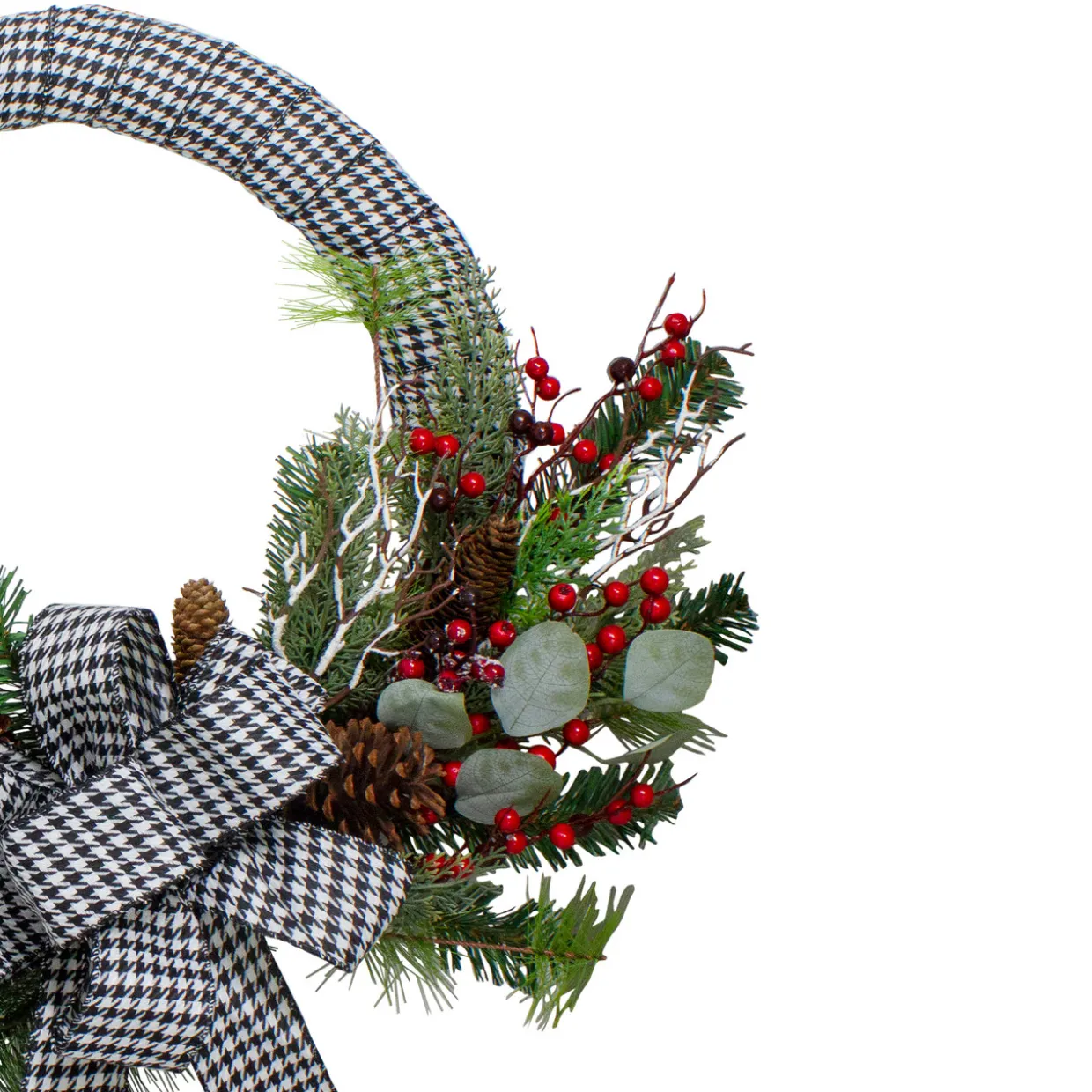 Black and White Houndstooth and Berry Artificial Christmas Wreath - 24-Inch, Unlit