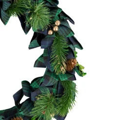 Blue and Green Plaid Bow Artificial Pine Christmas Wreath, 17.75-Inch, Unlit