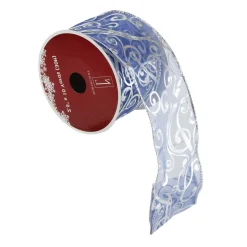 Blue and Silver Abstract Swirls Christmas Wired Craft Ribbon 2.5