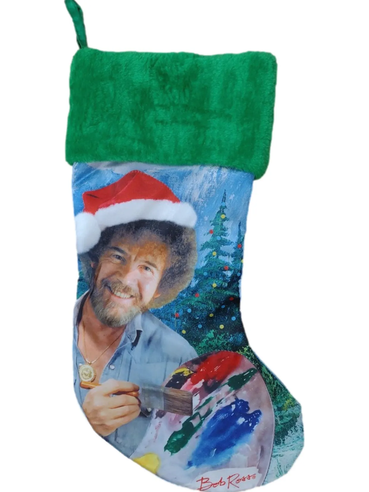 Bob Ross Silky Blue & Green Holiday Christmas Stocking